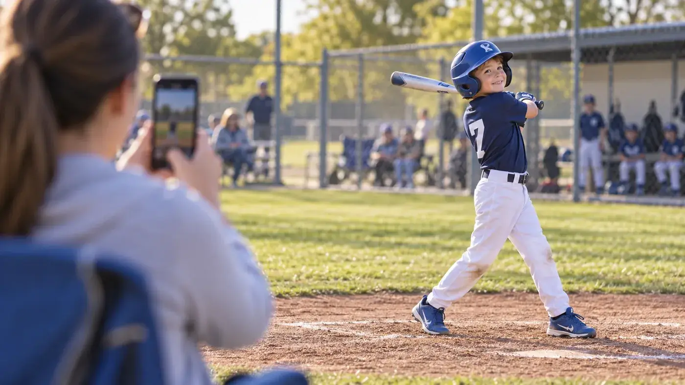 A parent photographing a young baseball player finishing a swing